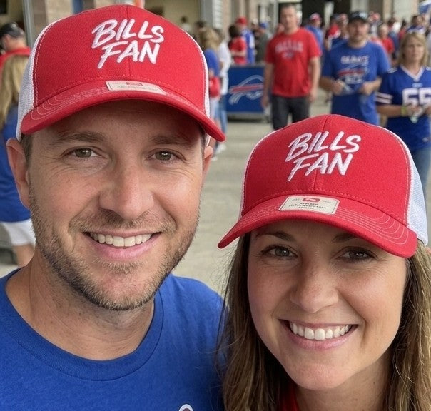 Buffalo Football Fan Hat - Richardson 115 "BILLS FAN" Script Trucker Cap (Red/White)
