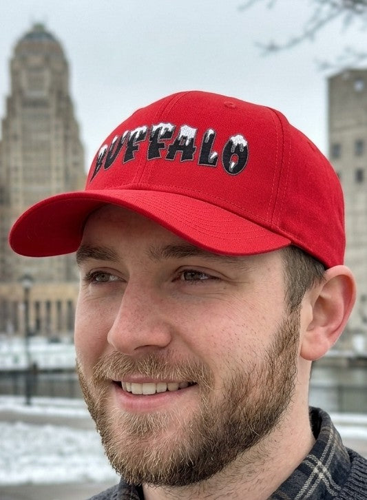Buffalo with Snow on it with gray border on letters. Red New Era Hat
