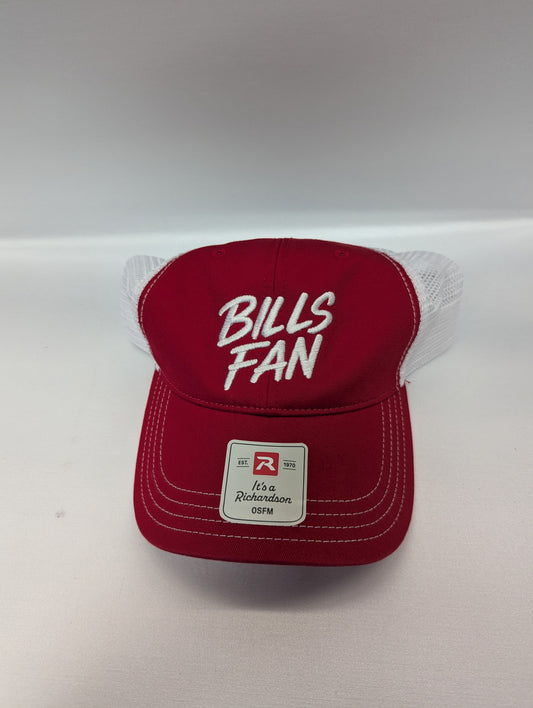 Buffalo Football Fan Hat - Richardson 115 "BILLS FAN" Script Trucker Cap (Red/White)