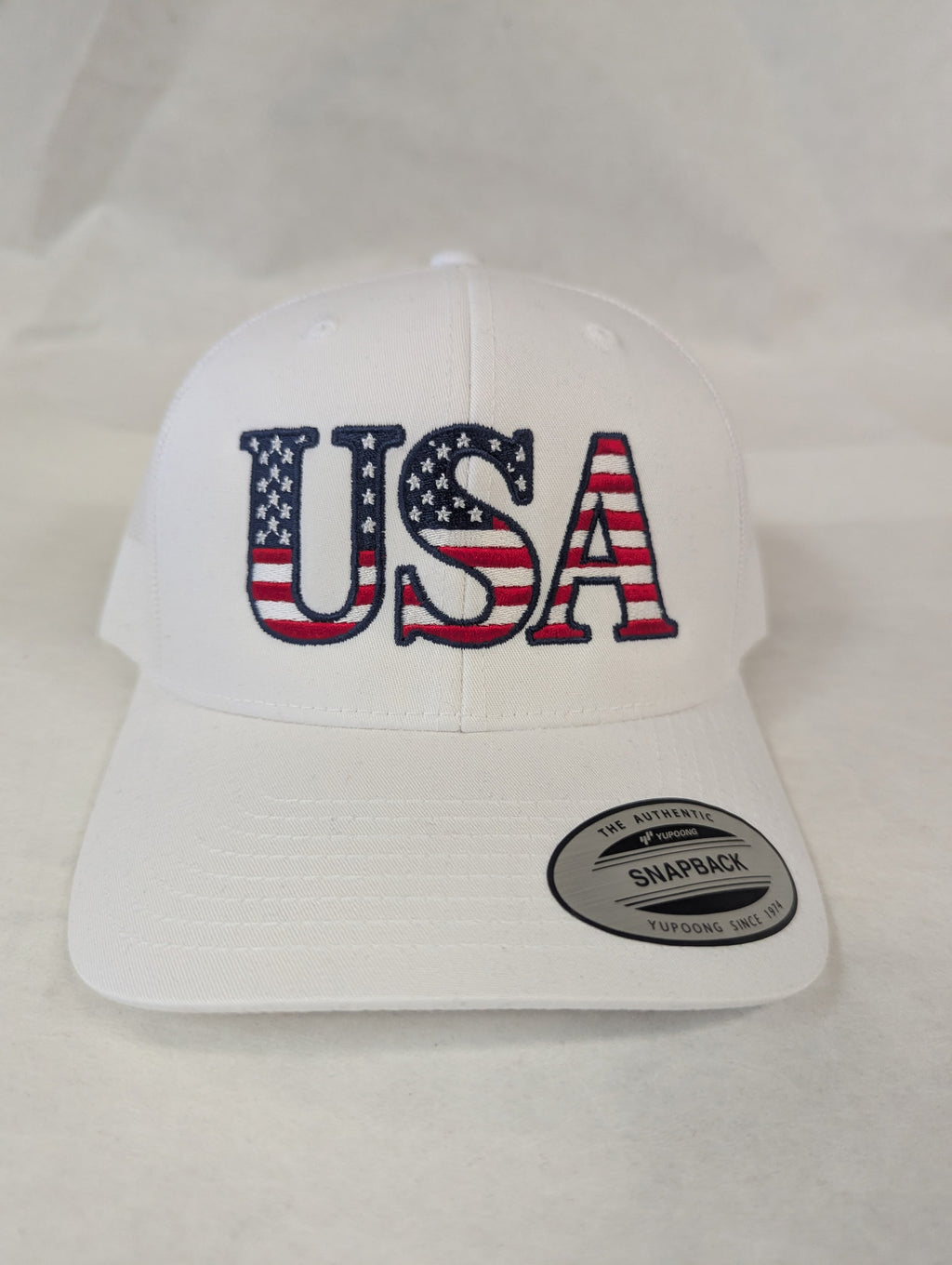 USA red white and blue on White Yupoong