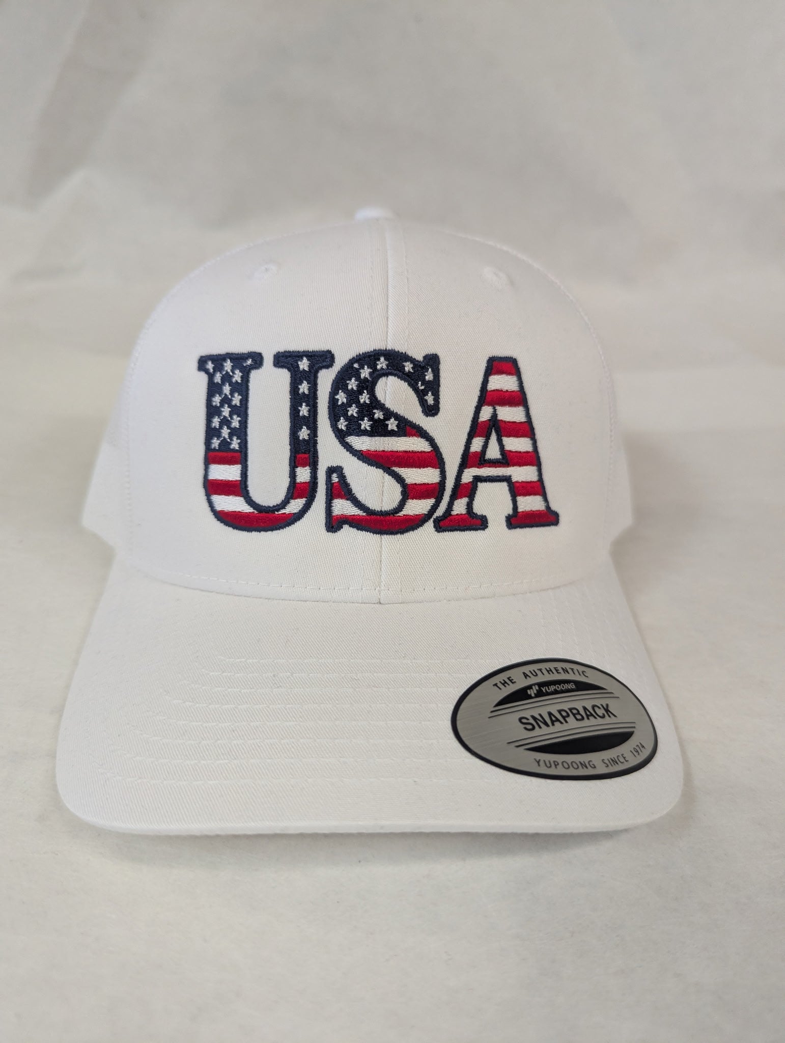 USA red white and blue on White Yupoong