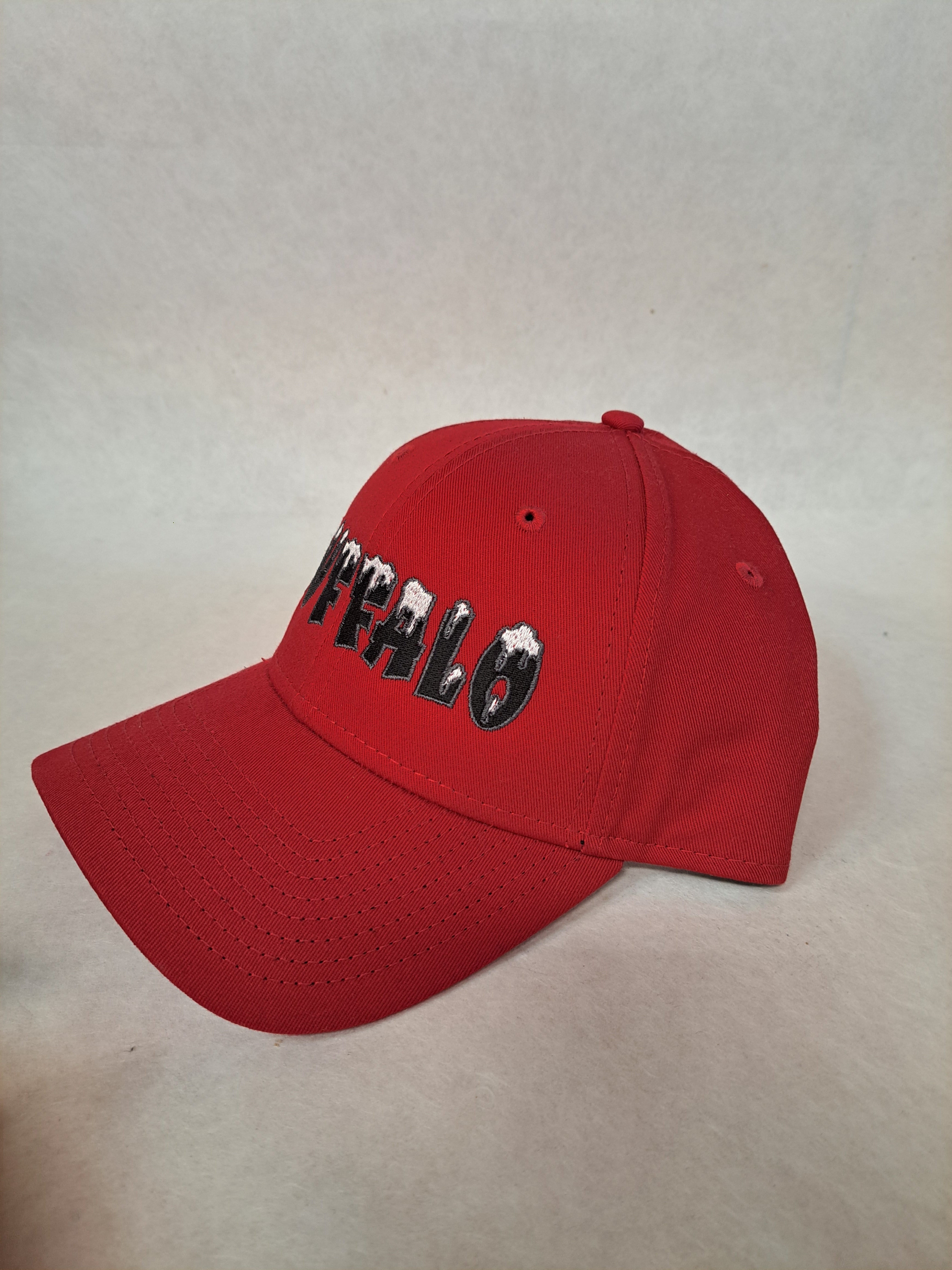 Buffalo with Snow on it with gray border on letters. Red New Era Hat