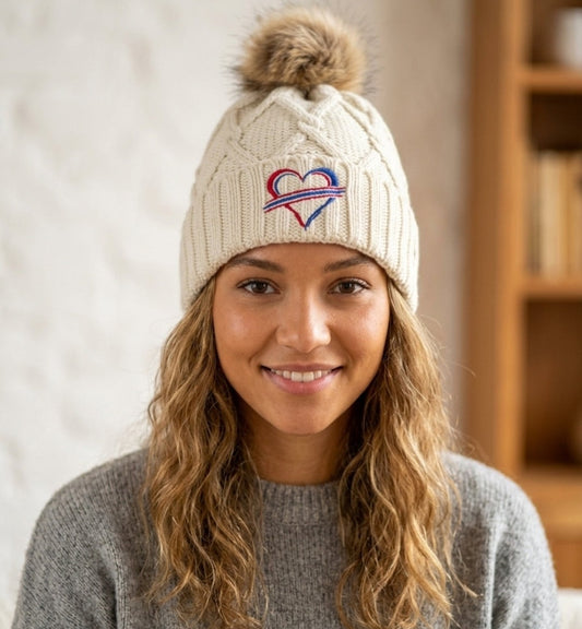 New Era Cable Knit Buffalo Heart Pom Beanie