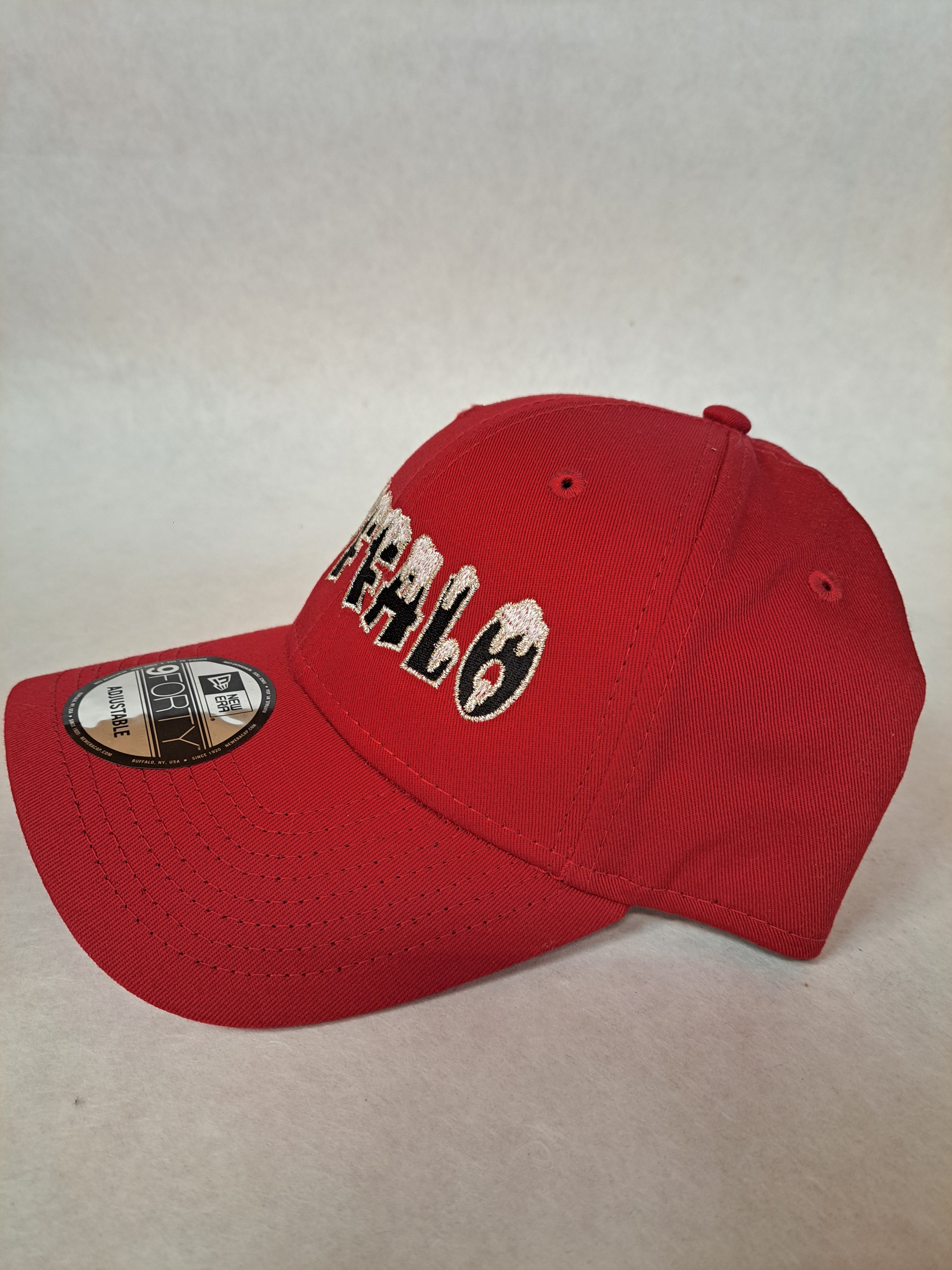 Snow on the Buffalo with metallic border on the letters, on Red New Era hat