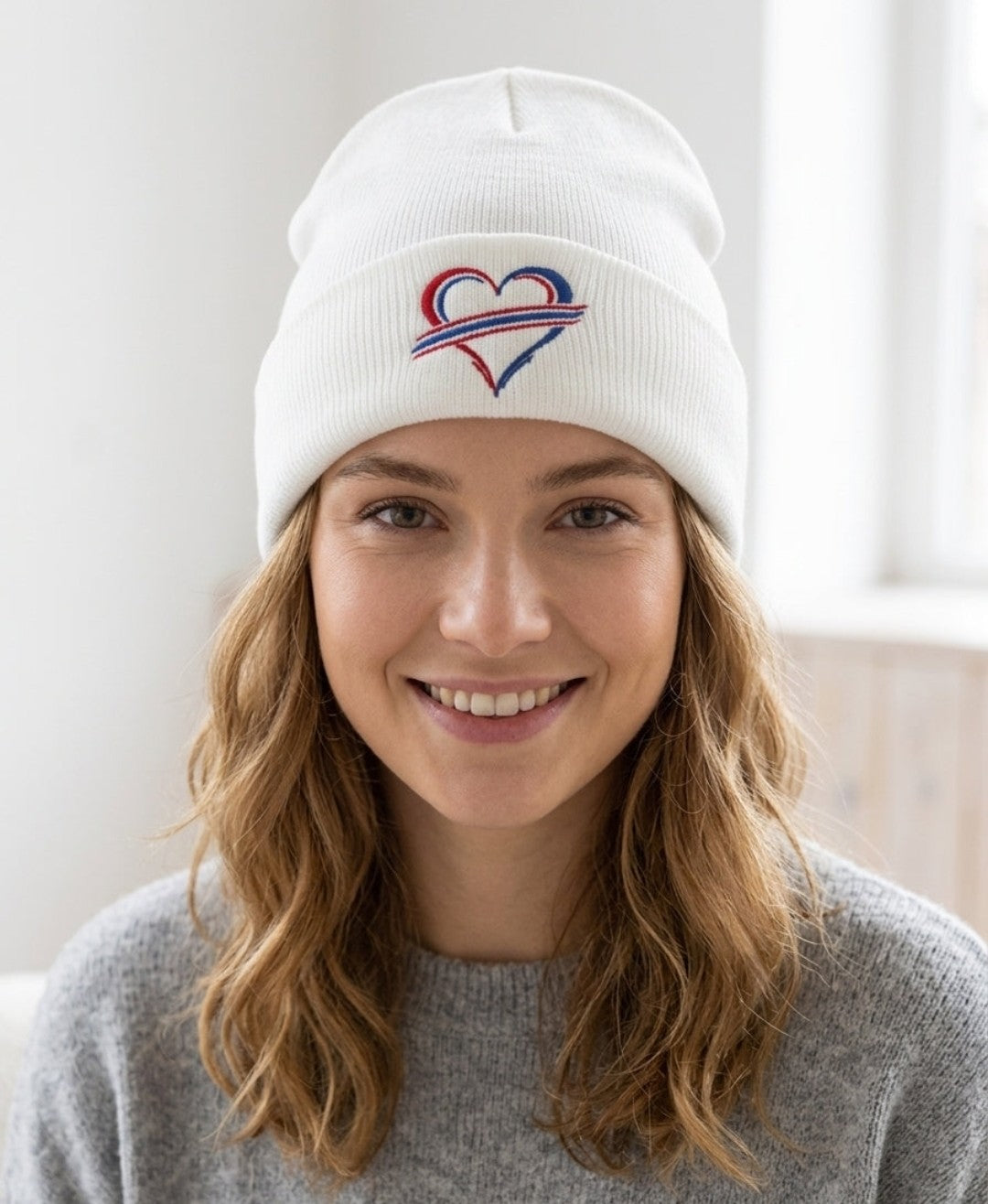 Fleece-Lined White Buffalo Heart Knit Beanie
