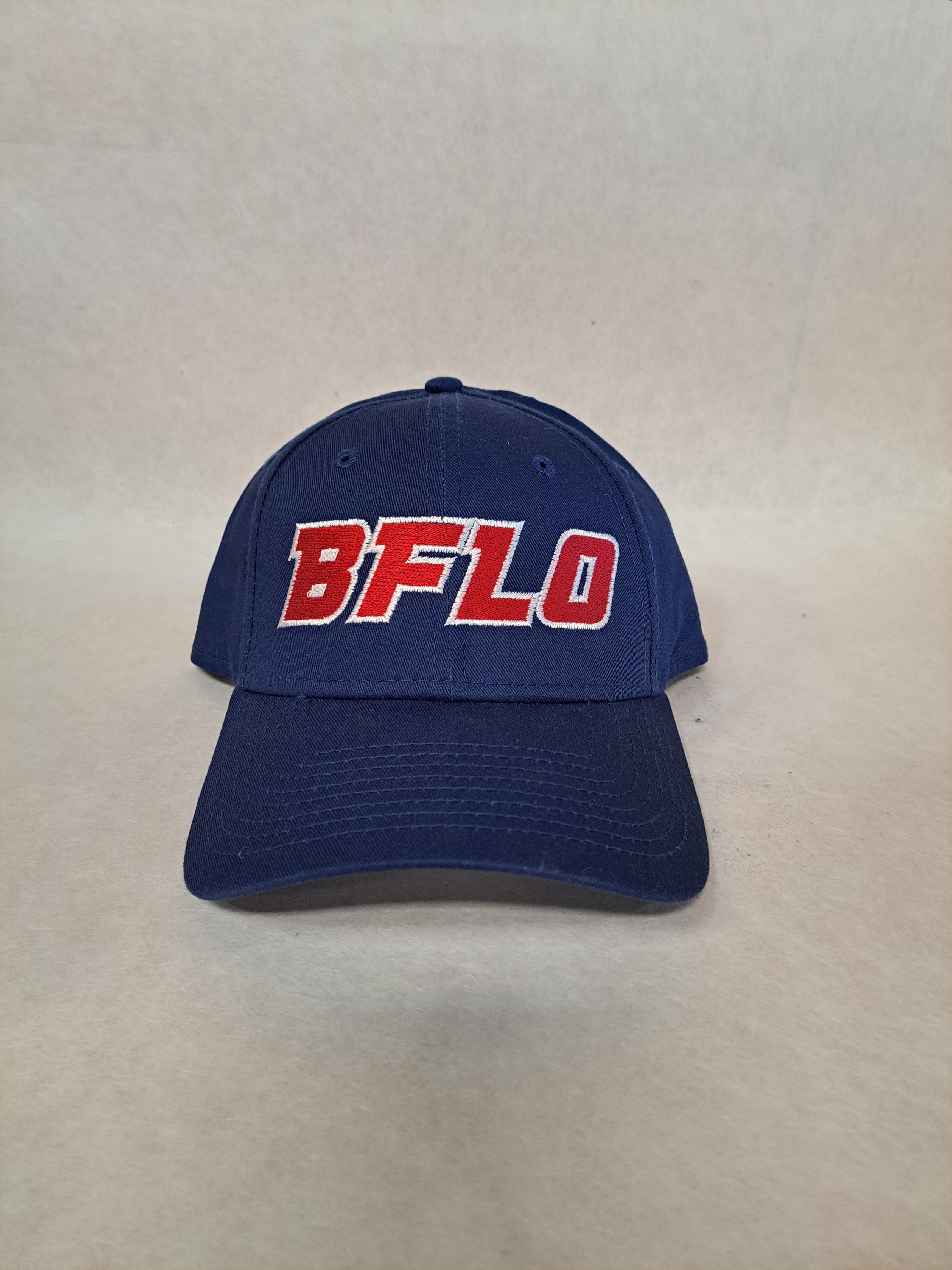 Red BFLO on a blue 9Forty New Era Hat
