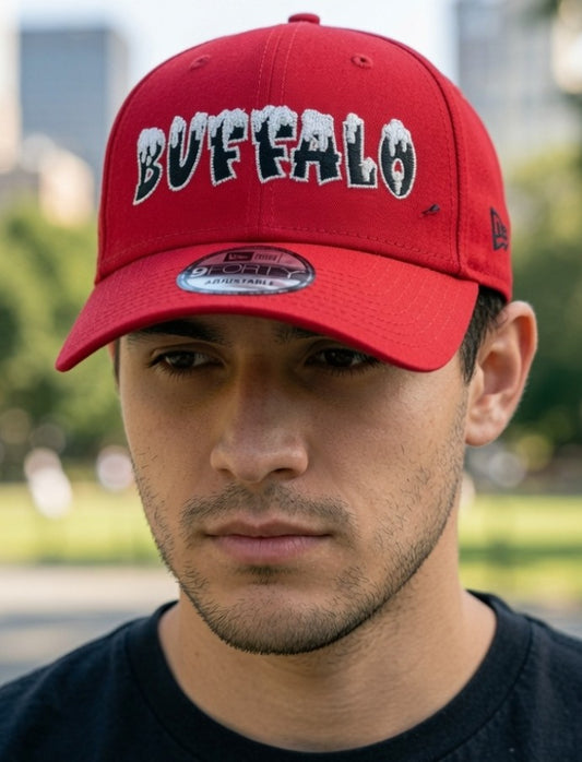 Snow on the Buffalo with metallic border on the letters, on Red New Era hat