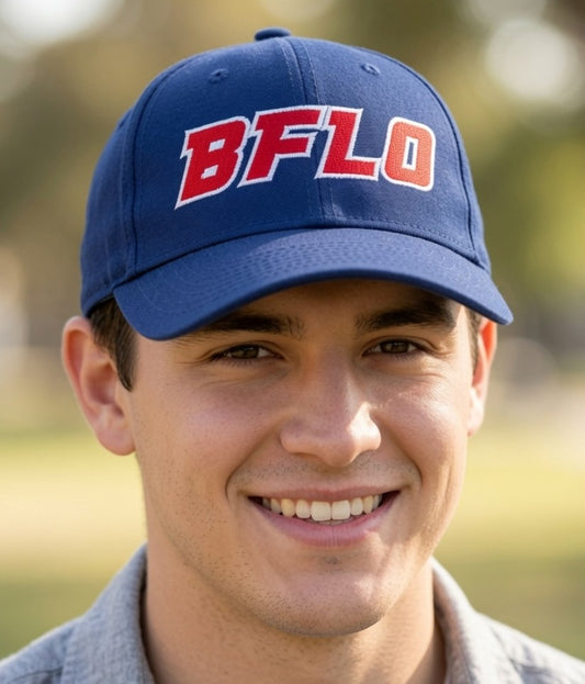 Red BFLO on a blue 9Forty New Era Hat