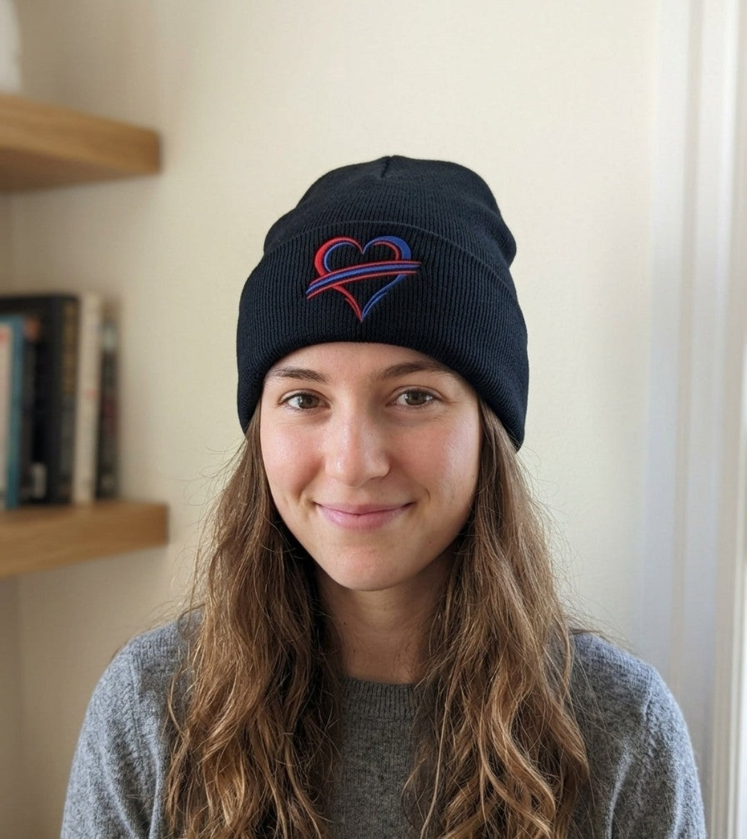 Fleece-Lined Buffalo Heart Cuffed Knit Beanie