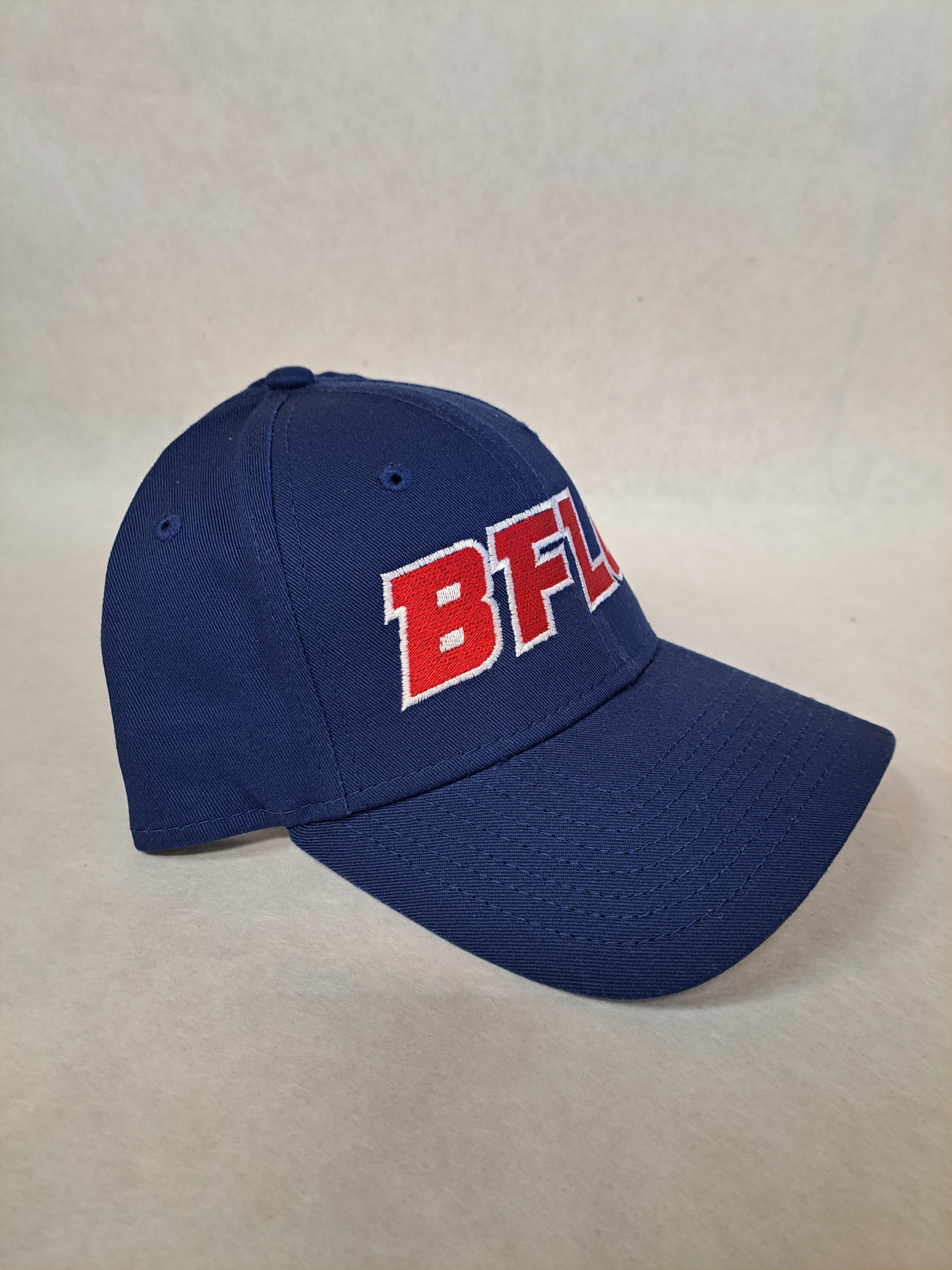 Red BFLO on a blue 9Forty New Era Hat