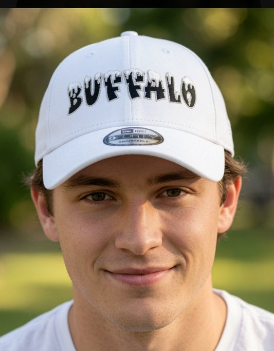 Snow Topped Buffalo Logo Black lettering on a white 9Forty New Era hat